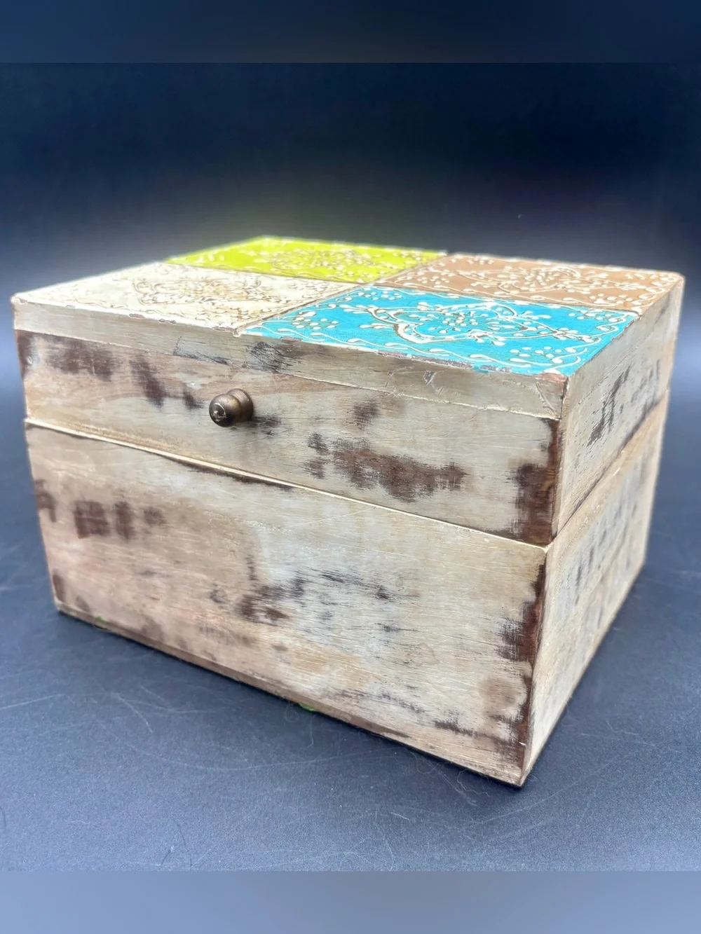 Vintage Indian Reclaimed Wood Spice Box Hatadi Hinged Storage Box Painted Tiles